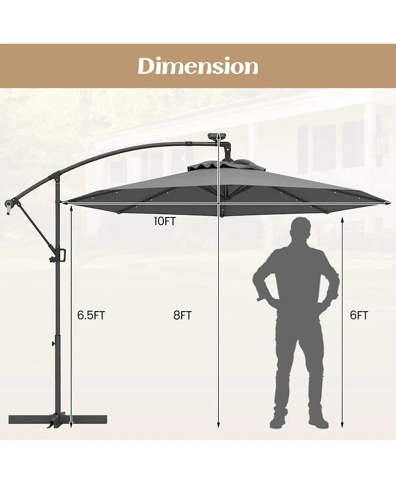 10 Feet 360° Rotation Solar Powered Led Patio Offset Umbrella without Weight Base