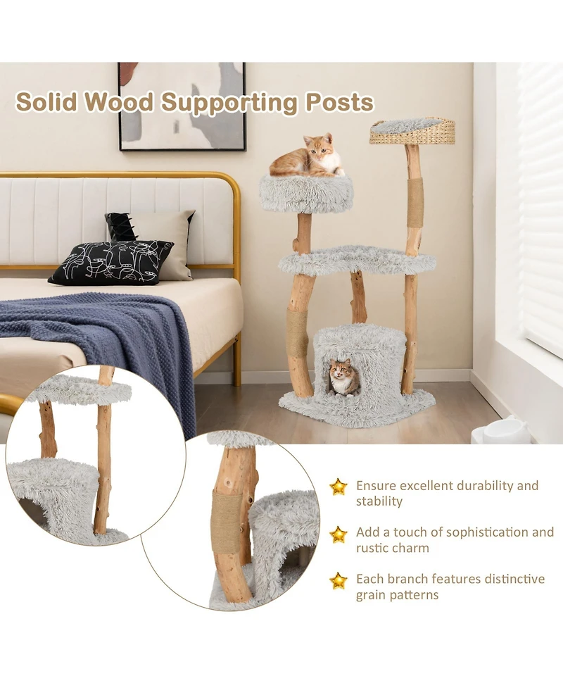 Solid Wood Cat Tower with Top Cattail Basket Cat Bed