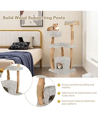 Solid Wood Cat Tower with Top Cattail Basket Cat Bed