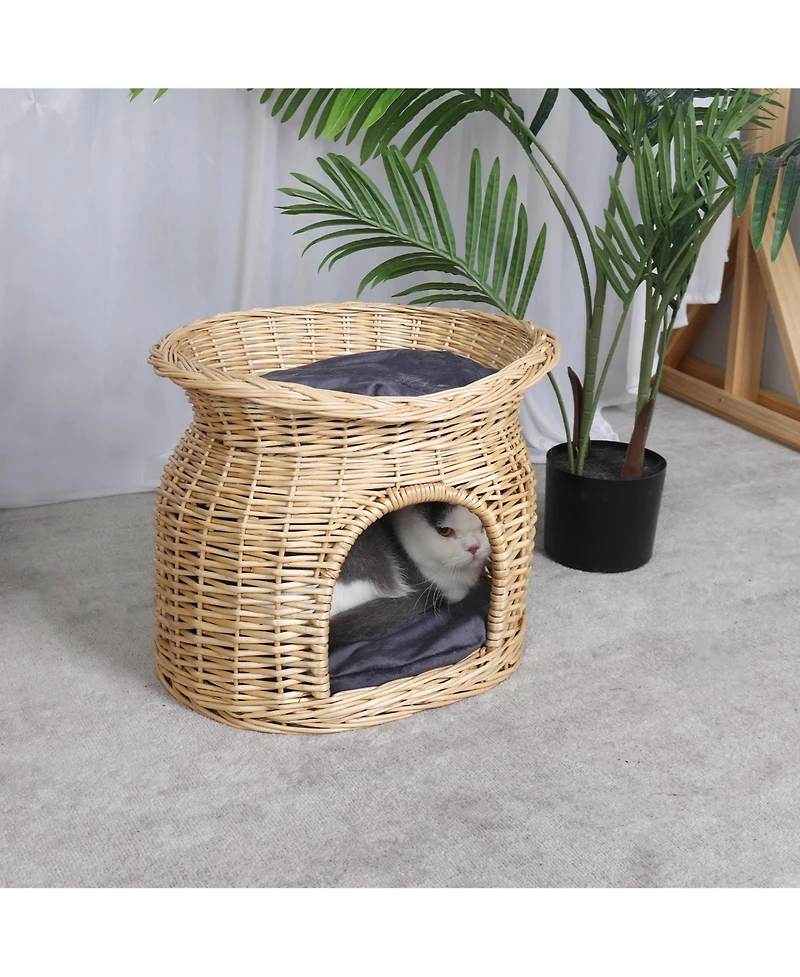 Bingopaw 2-Tier Elevated Cat Bed Wicker Ratten Cat Basket Play House W/ Soft Cushion