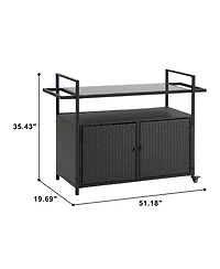 Mondawe Rattan Bar Cart with Glass Top & Wheels, Black