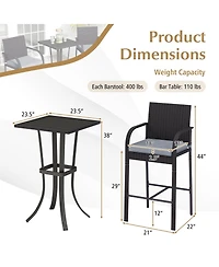 3-Piece Patio Wicker Rattan Bar Height Chairs and Square Table Set