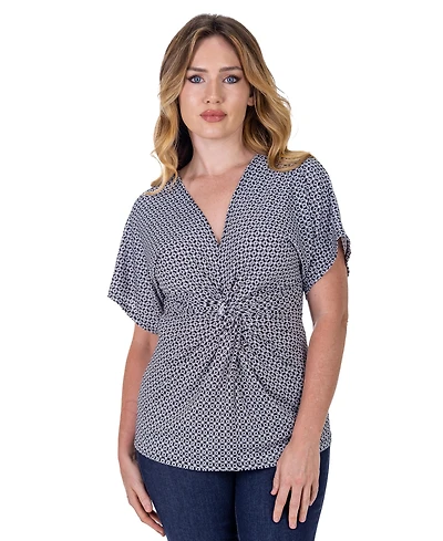 24seven Comfort Apparel Petite V-Neck Geometric Print Front Kimono Sleeve Top