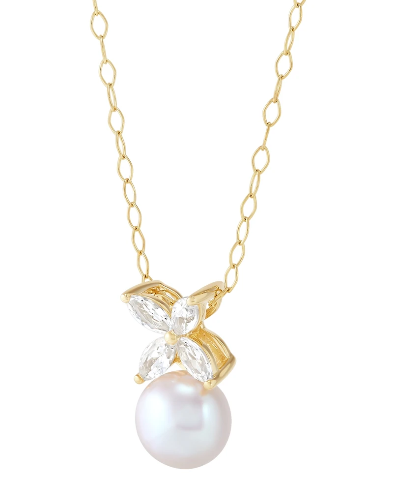 Cultured Freshwater Pearl (8mm) & Lab Grown White Sapphire (3/4 ct. t.w.) Flower Pendant Necklace in 14k Gold-Plated Sterling Silver, 16" + 2" extende