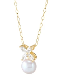 Cultured Freshwater Pearl (8mm) & Lab Grown White Sapphire (3/4 ct. t.w.) Flower Pendant Necklace in 14k Gold-Plated Sterling Silver, 16" + 2" extende