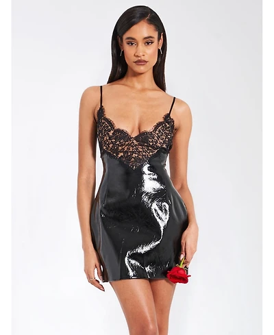 Miss Circle Women's Shelby Black Faux Leather with Lace Mini Dress