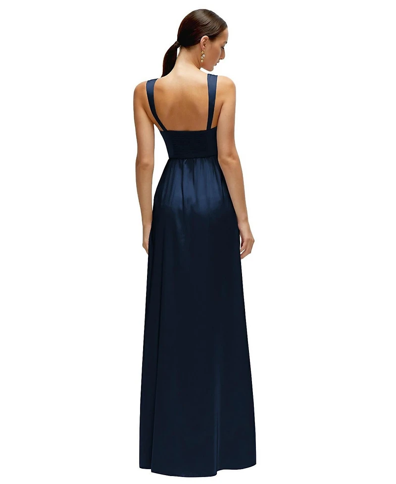 After Six Women's Shaped Strap Portrait Neckline Fluid Satin Maxi Dress with Full Skirt