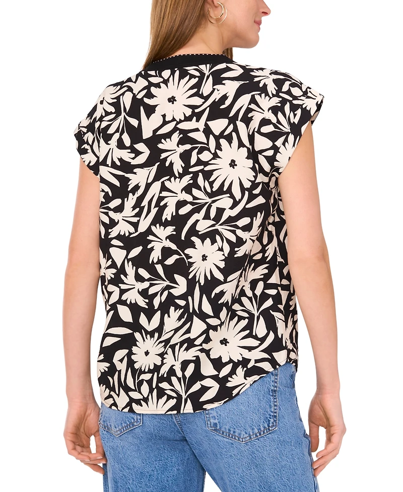 Vince Camuto Women's Floral-Print Split-Neck Cap-Sleeve Top