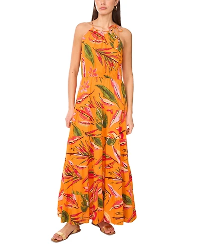 Vince Camuto Women's Tiered High-Neck Leaf-Print Maxi Dress