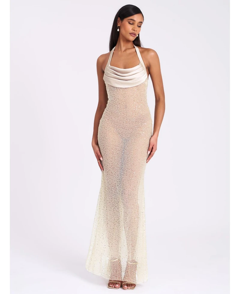 Miss Circle Women's Zahya Lime Halter Backless Beaded Mesh Gown