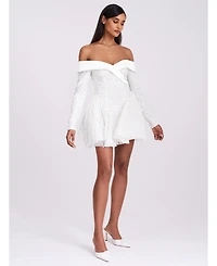 Miss Circle Women's Kira Bead Embroidered Mesh Off Shoulder Long Sleeve Mini Dress