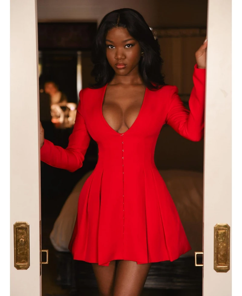 Miss Circle Women's Ubah Red Blazer Pleated Button-up Long Sleeve Mini Dress