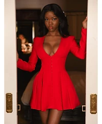 Miss Circle Women's Ubah Red Blazer Pleated Button-up Long Sleeve Mini Dress