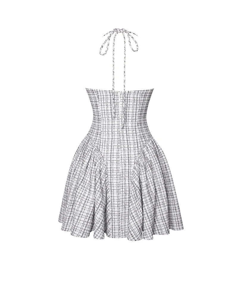 Miss Circle Women's Melody Black and White Plaid Tweed Halter Drop Waist Mini Dress
