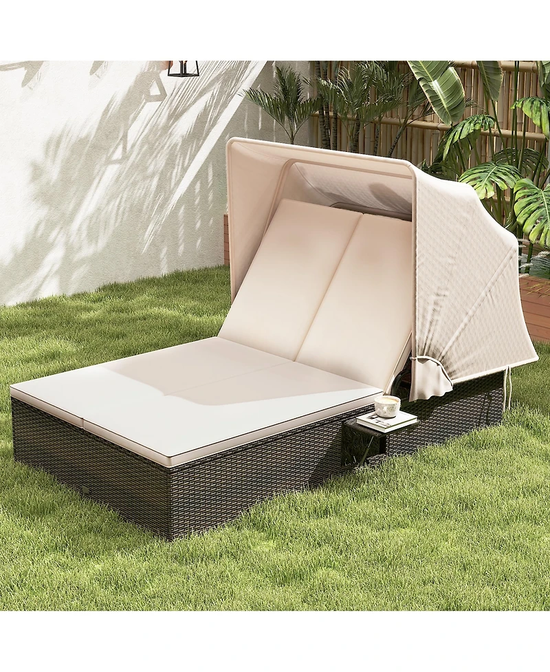Gymax 2-person Rattan Lounge Bed w/ Retractable Canopy 5-position Adjustable Backrest