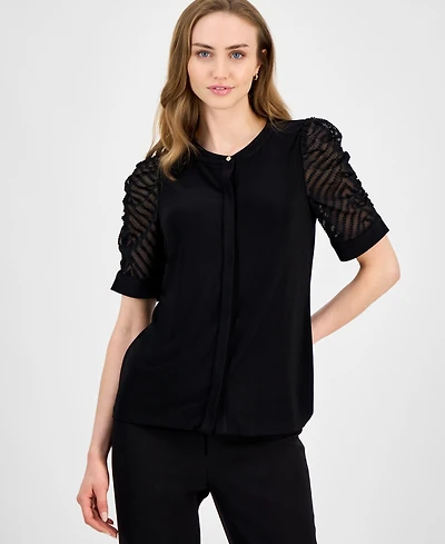 Anne Klein Women's Mixed-Media Puffed-Sleeve Blouse