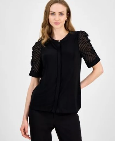 Anne Klein Womens Mixed Media Puffed Sleeve Blouse P Xxs Xxl