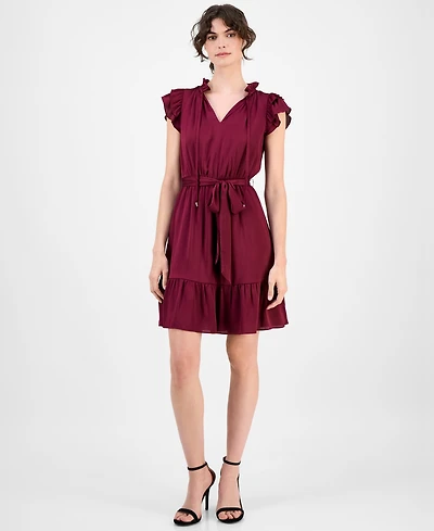 Anne Klein Women's Solid Tie-Waist Flutter-Sleeve Tiered Dress