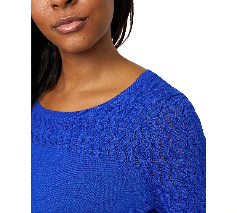 Melissa Paige Petite Pointelle-Yoke 3/4-Sleeve Sweater
