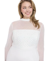 London Times Plus Beaded Illusion Mock-Neck Midi Dress
