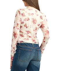 Bcx Juniors' Floral-Print Stretch Lace Long-Sleeve Top