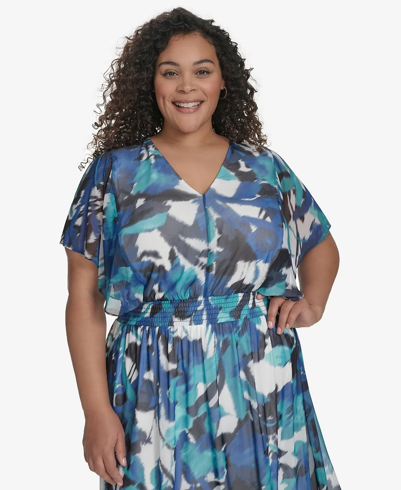 Dkny Plus Printed Flutter-Sleeve Midi Dress