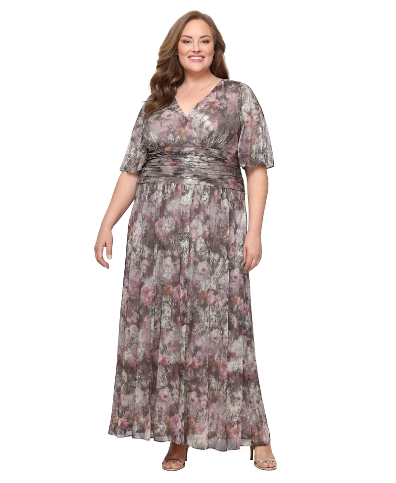 Sl Fashions Plus Printed Metallic Surplice Long Dress