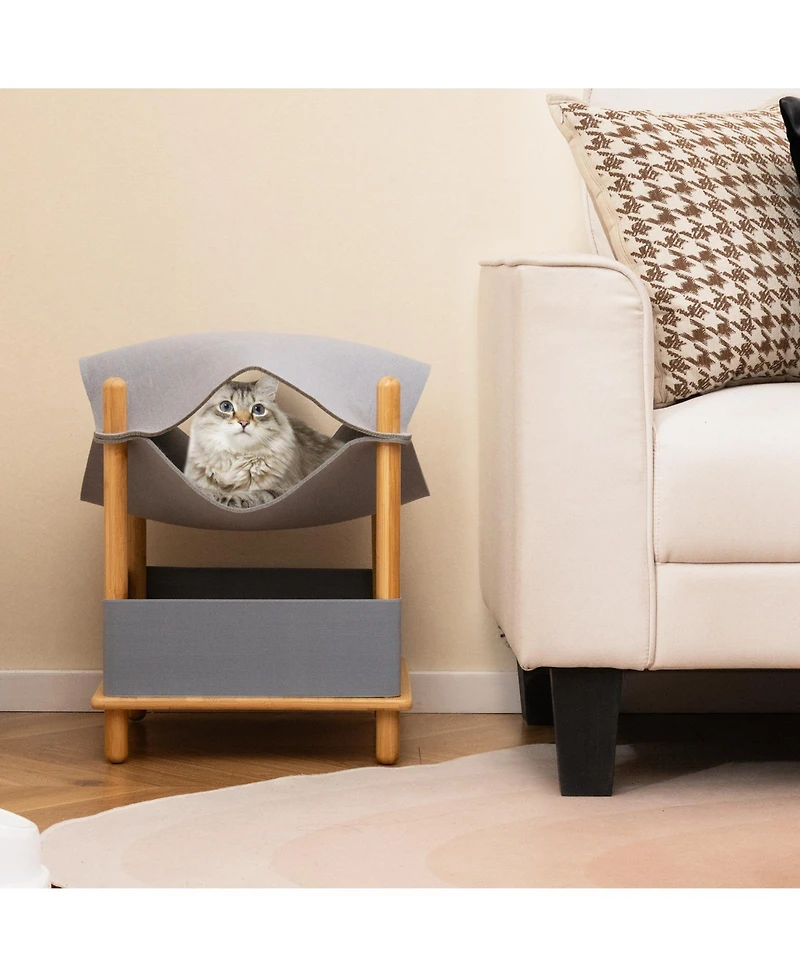 2-Tier Wooden Cat House with Semi-enclosed Condo and Removable Clothes