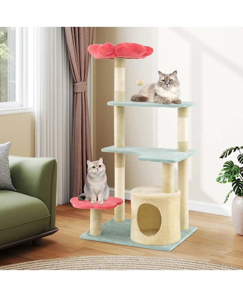 Multi-Level Aesthetic Floral Kitten Tower with Flower-Shaped Plush Padded Perch