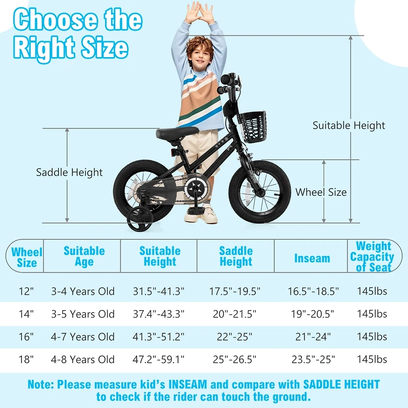 Kids Bike with Basket and Training Wheels for Children Aged 3-5 Years Old