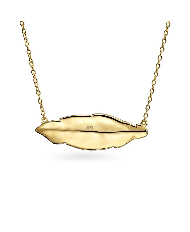 Bling Jewelry Native American Style Bohemian Boho Sideways Diagonal Feather Leaf Pendant Necklace Gold Plated .925 Sterling Silver