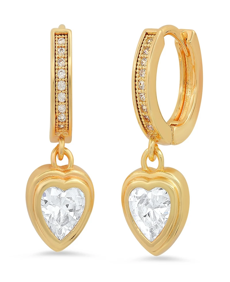 Steeltime Women's Brass Simulated Diamonds Dangling Charm Heart Huggie Earrings