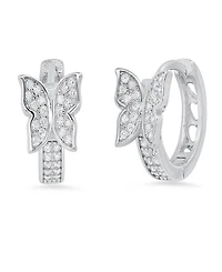 Steeltime Women's Sterling Silver and Simulated Diamonds Butterfly Huggie Earrings