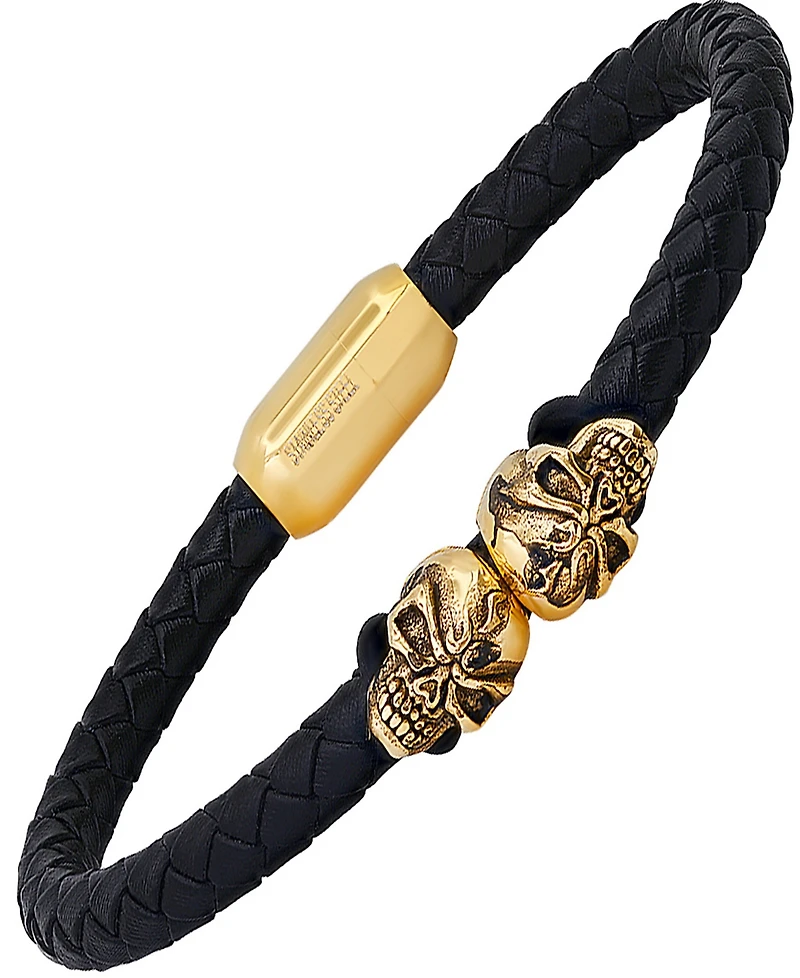 Steeltime Men's Black Braided Leather and 18K Gold-Plated Stainless-Steel Skulls Bracelet