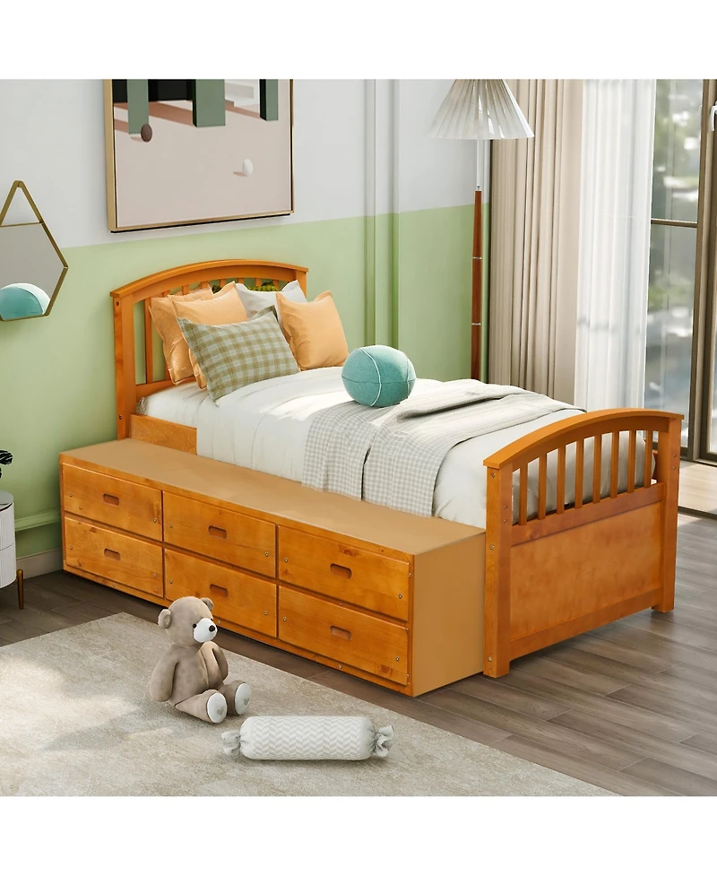 Twin Size Platform Storage Bed Solid Wood Bed With 6 Drawers
