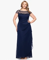 Xscape Plus Sheer Boat-Neckline Long Sheath Dress