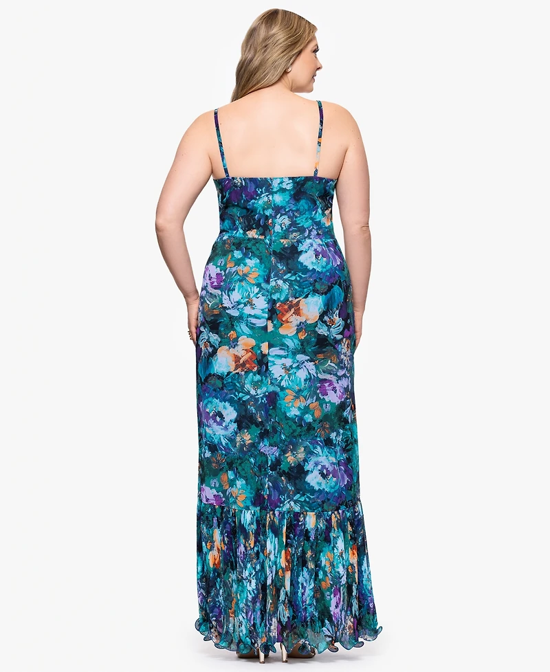 Xscape Plus Printed Ruffled Sleeveless Maxi Dress
