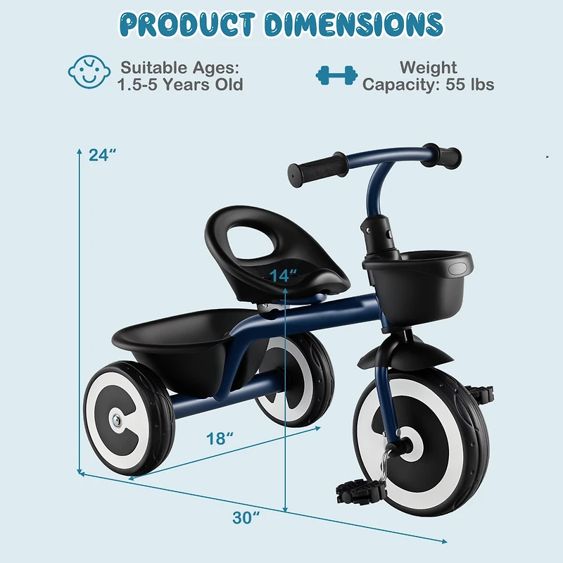 Toddler Tricycle with Adjustable Seat Storage Baskets for 1.5-5 Years Old