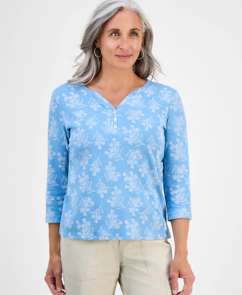 Style & Co Petite Printed 3/4-Sleeve Henley Knit Top, Exclusively at Macy's