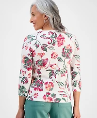 Style & Co Petite Jungle-Floral 3/4-Sleeve Top, Exclusively at Macy's