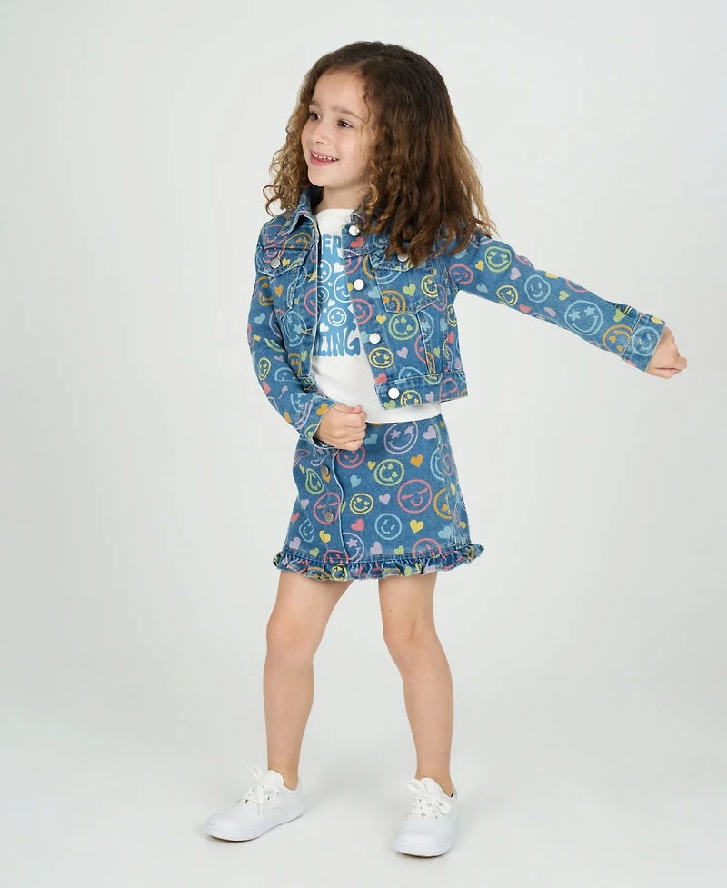 Rare Editions Little Girls 3-Piece Smiley Denim Jacket, Ruffle hem Skort, Crewneck T-Shirt Set