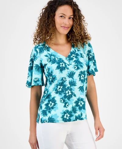 Jm Collection Petite Blossom V-Neck Crepe Top, Exclusively at Macy's