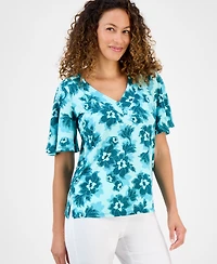 Jm Collection Petite Blossom V-Neck Crepe Top, Exclusively at Macy's