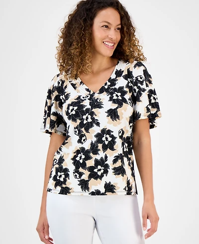 Jm Collection Petite Blossom V-Neck Crepe Top, Exclusively at Macy's
