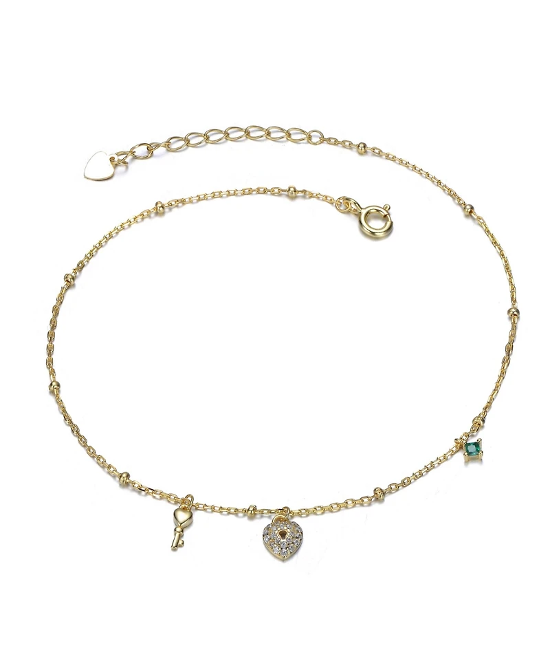 14K Gold Plated with Green Cubic Zirconia Heart and Key Charm Anklet