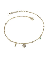 14K Gold Plated with Green Cubic Zirconia Heart and Key Charm Anklet
