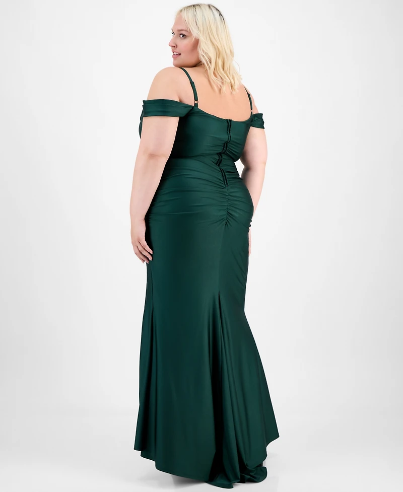 B Darlin Trendy Plus Ruched Cold-Shoulder Gown