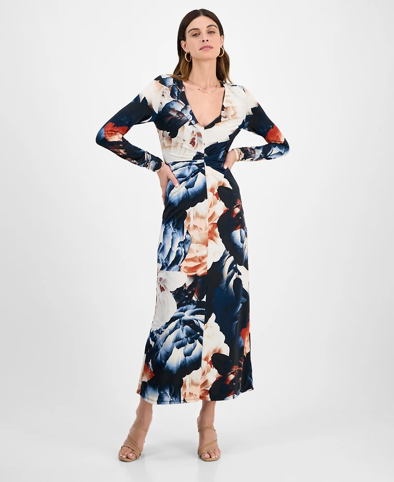 14th Place Juniors' Long-Sleeve Floral-Print Ruched-Front Dress