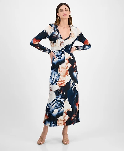 14th Place Juniors' Long-Sleeve Floral-Print Ruched-Front Dress