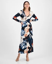 14th Place Juniors' Long-Sleeve Floral-Print Ruched-Front Dress